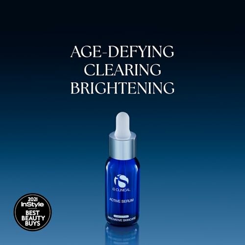 Active serum bottle with age-defying, clearing, brightening text.