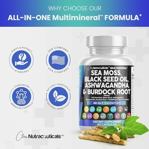 All-in-one multimineral supplement with sea moss, black seed oil, ashwagandha, and burdock root.