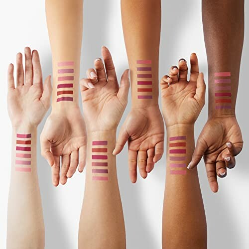 Diverse arm skin tones with lipstick swatches.