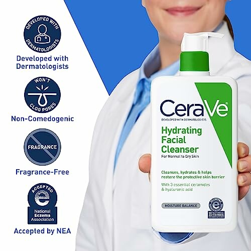 CeraVe Hydrating Facial Cleanser held by a person, highlighting features like dermatologist-developed, non-comedogenic, fragrance-free, and NEA accepted.