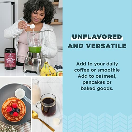 Woman adding collagen powder to blender with promotional text and images of pancakes and coffee.