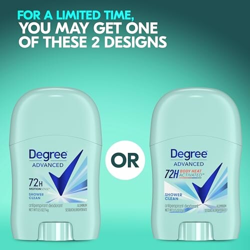 Two versions of Degree Advanced deodorant sticks with blue-green background and promotional text.