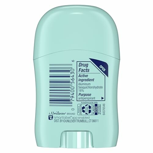 Back label of a deodorant stick showing ingredients and brand information.