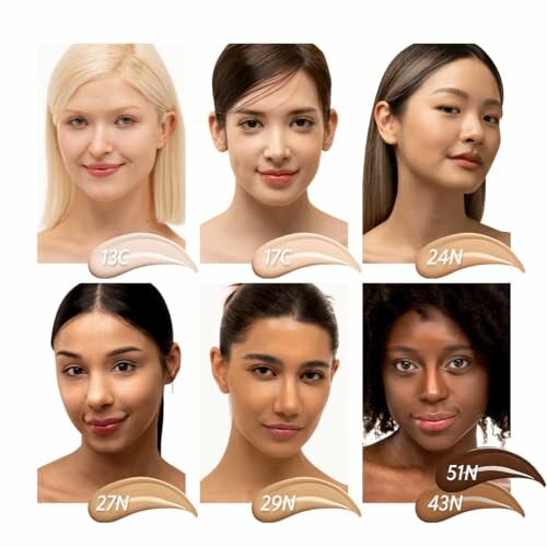 Six women showcasing different foundation shades.