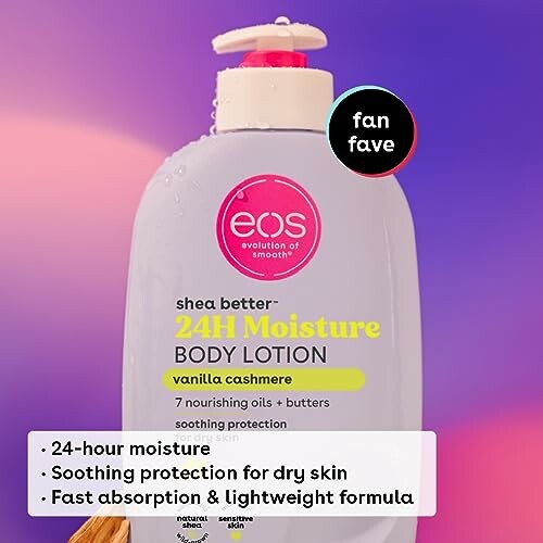 EOS vanilla cashmere body lotion with 24-hour moisture benefits.