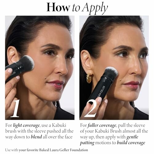 Two-step guide on applying foundation with a Kabuki brush for light and full coverage.