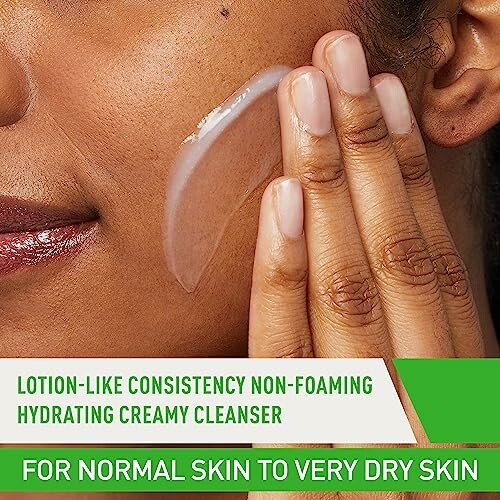 Person applying lotion-like non-foaming hydrating creamy cleanser on face for normal to very dry skin.