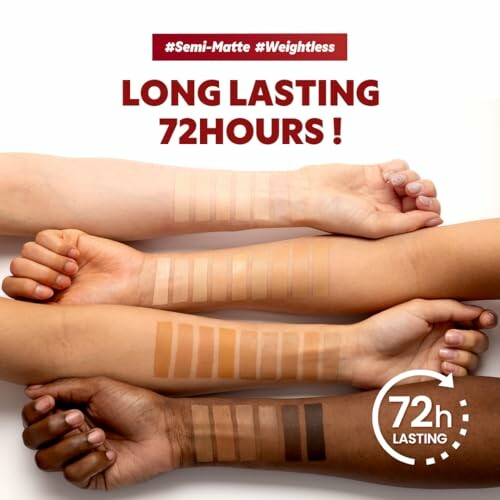 Various skin tones showing long-lasting foundation swatches on arms.