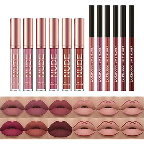 Set of nude lipsticks and lip liners with swatches on lips.