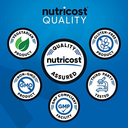 Nutricost quality seals including vegetarian, gluten-free, non-GMO, GMP compliant, and third-party tested.