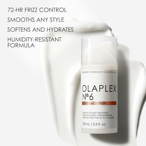 Olaplex No. 6 Bond Smoother styling treatment bottle on a textured background with text highlighting features.