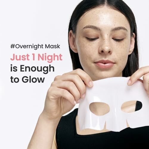 Woman holding a sheet mask with text 'Overnight Mask Just 1 Night is Enough to Glow'