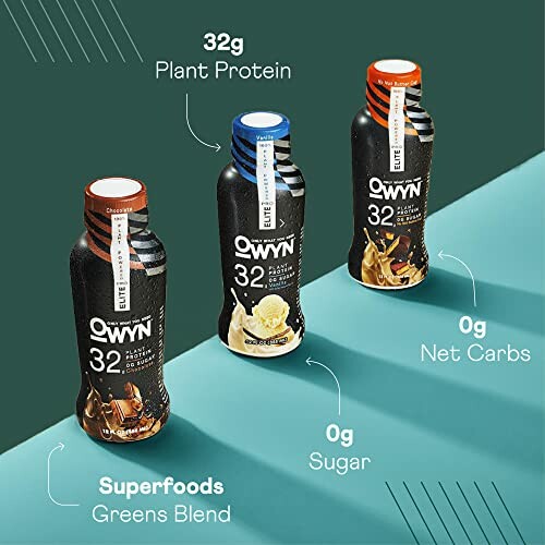 Three OWYN protein drinks with different flavors and nutritional highlights.