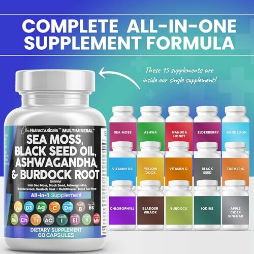 Supplement bottle with ingredients like sea moss, black seed oil, and ashwagandha, surrounded by colorful supplement jars.