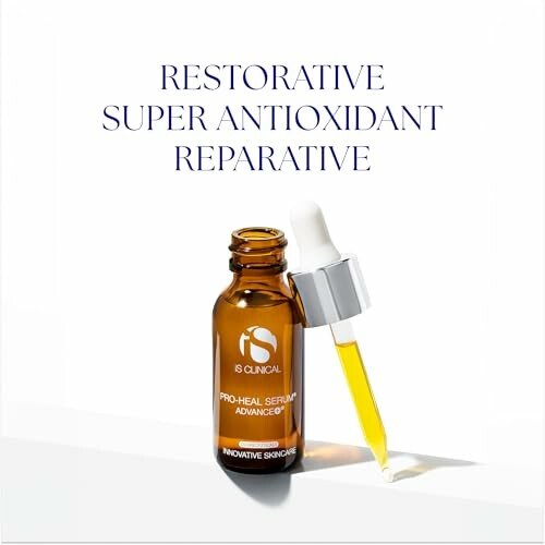 Serum bottle with dropper and text: Restorative Super Antioxidant Reparative