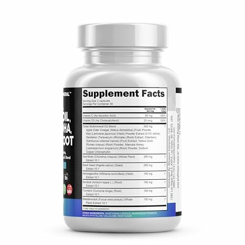 Supplement facts label on a bottle of capsules